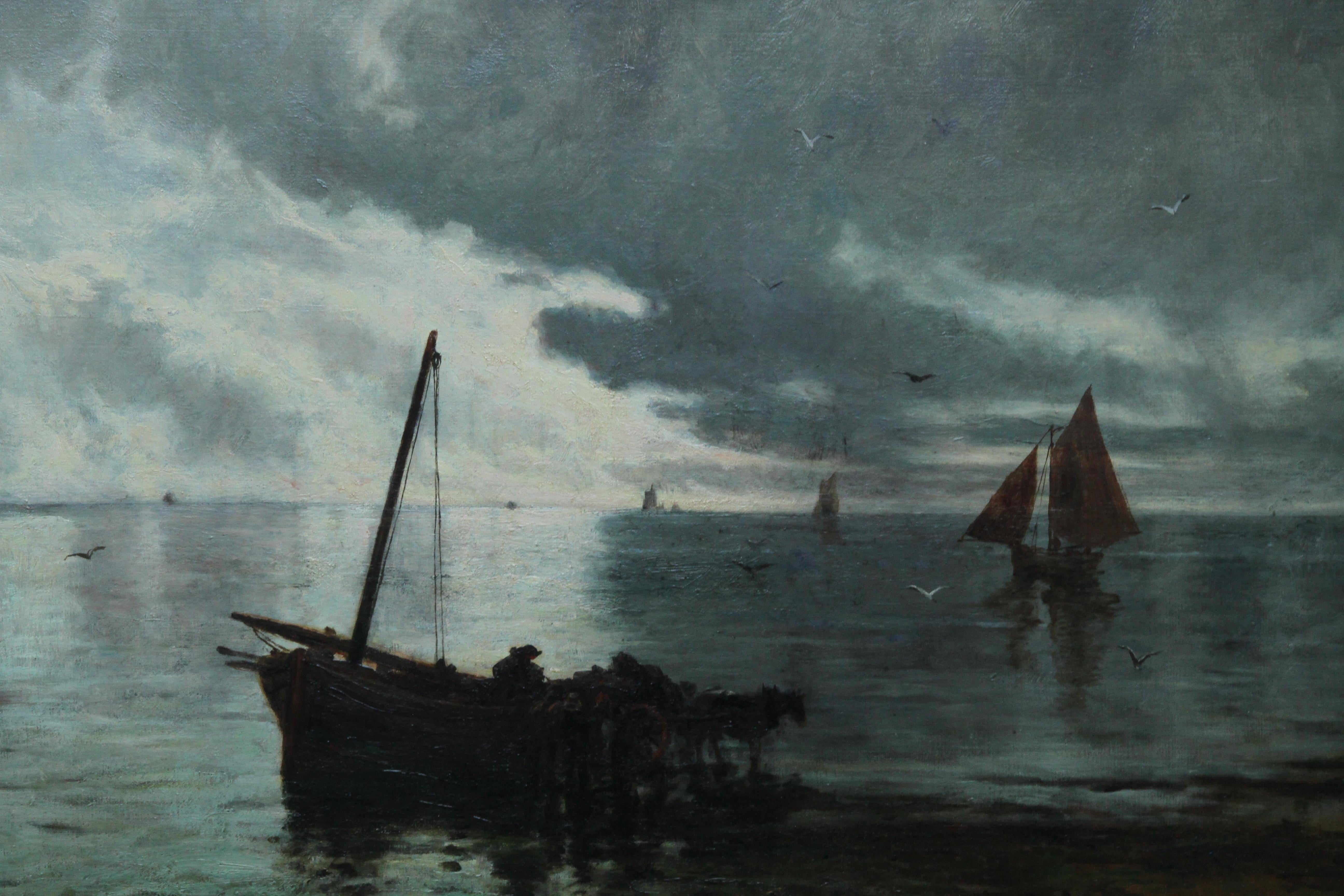 Unloading the Catch - Scottish Edinburgh Victorian art Seascape oil painting - Gray Landscape Painting by  George Aikman