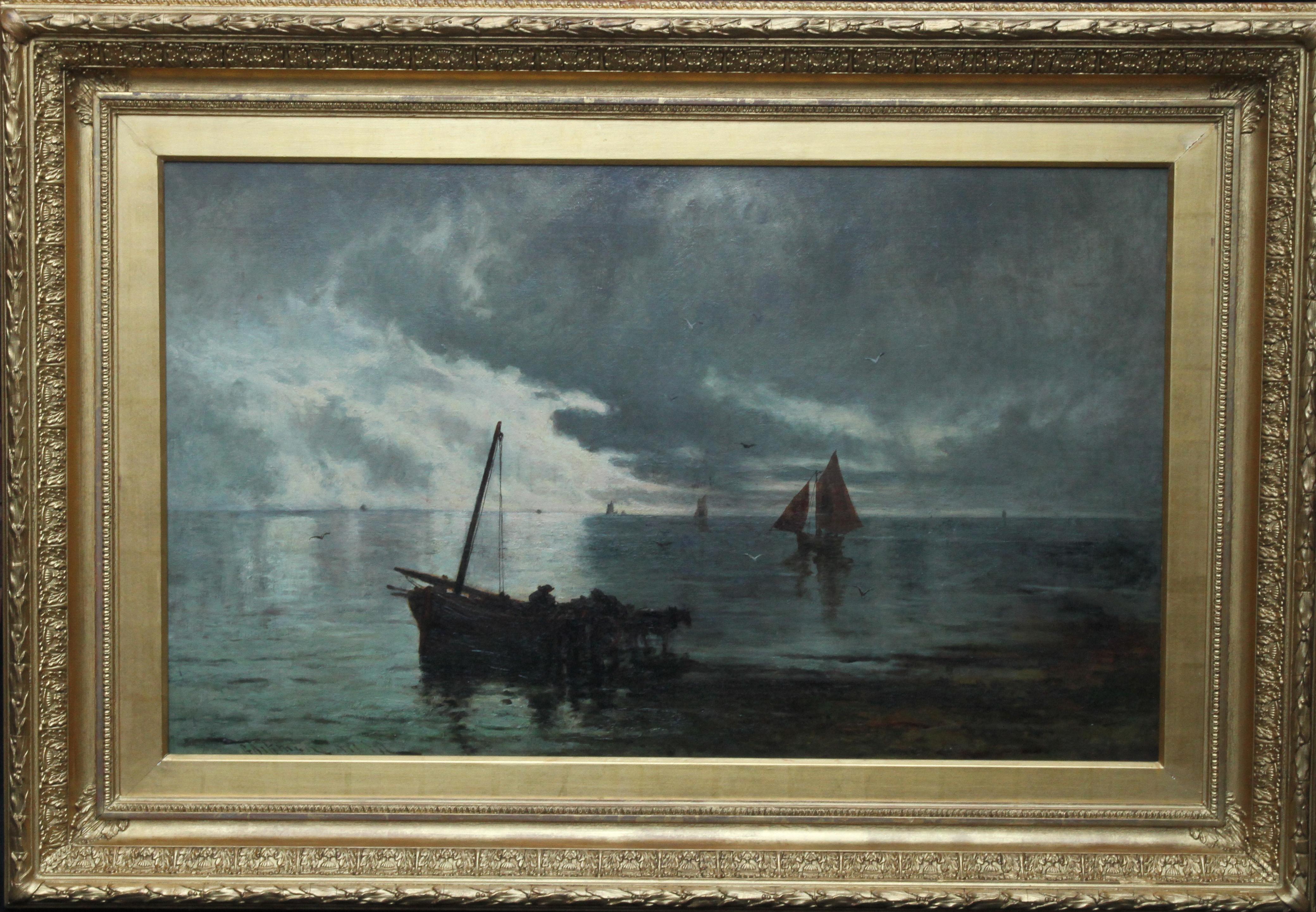  George Aikman Landscape Painting - Unloading the Catch - Scottish Edinburgh Victorian art Seascape oil painting