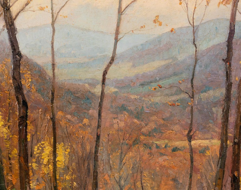 Antique American impressionist fall landscape painting by Goerge Albach.  Oil on board, circa 1934.  Signed.  Image size, 18L x 14H.  Housed in a giltwood frame.
