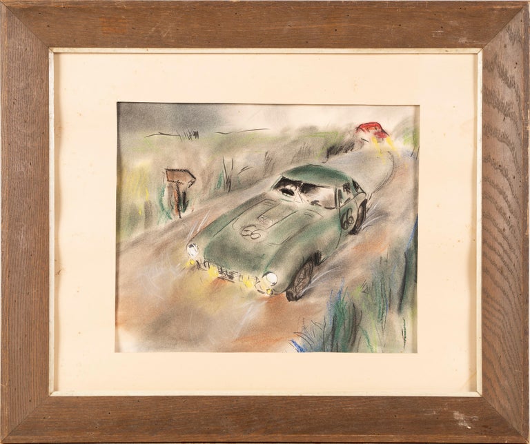Vintage impressionist sporting art Ferrari painting.  Watercolor on paper, circa 1950.  Unsigned.  Image size, 18L x 14H.  Housed in a wood frame.
