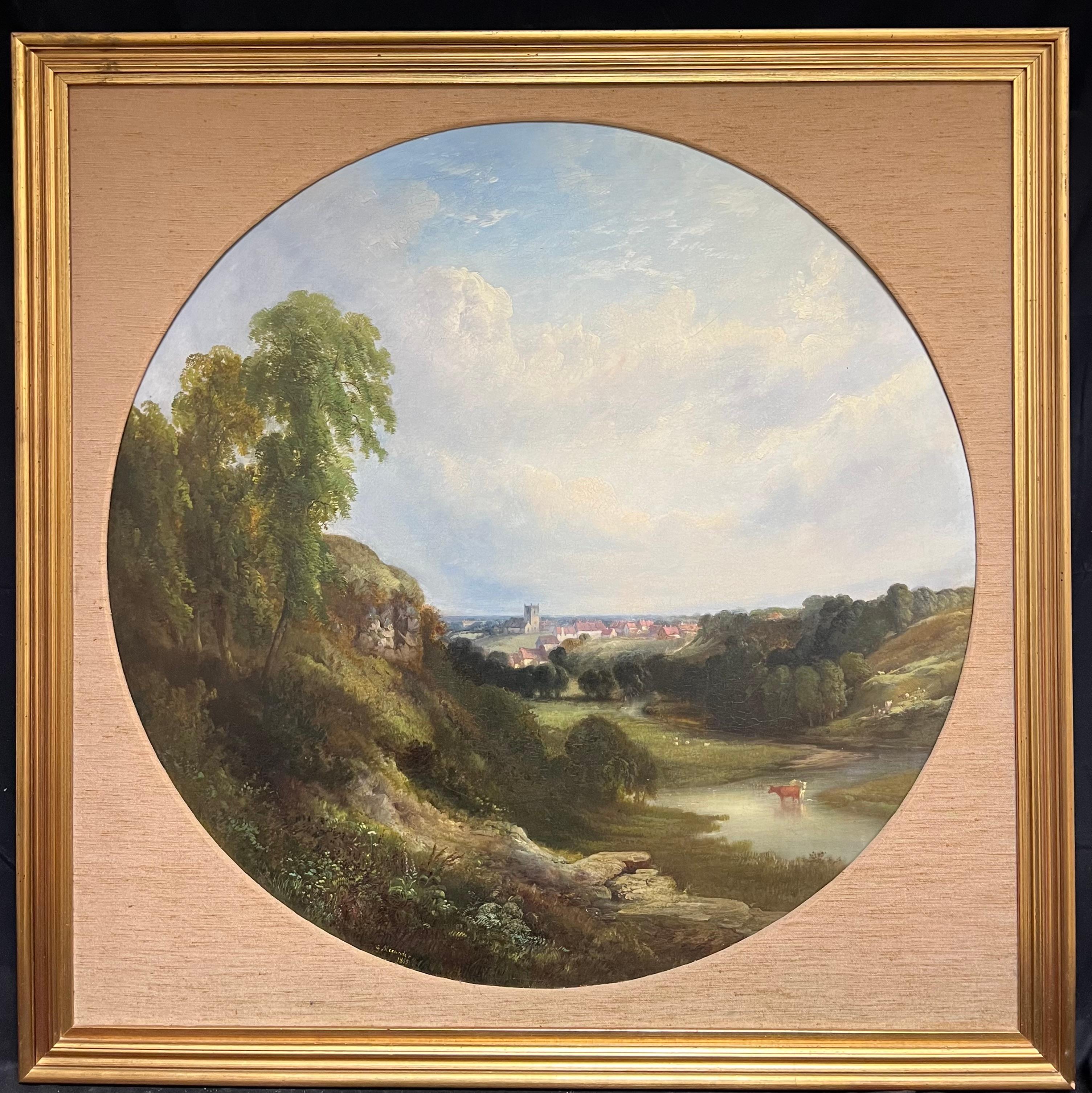 Pittura a olio circolare inglese vittoriana molto grande Kirkeneaton, Nr Pontefract - Painting di George Alexander (British, 1832-1913)