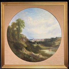 Very Large Victorian English Circular Oil Painting Kirkeneaton, Nr Pontefract