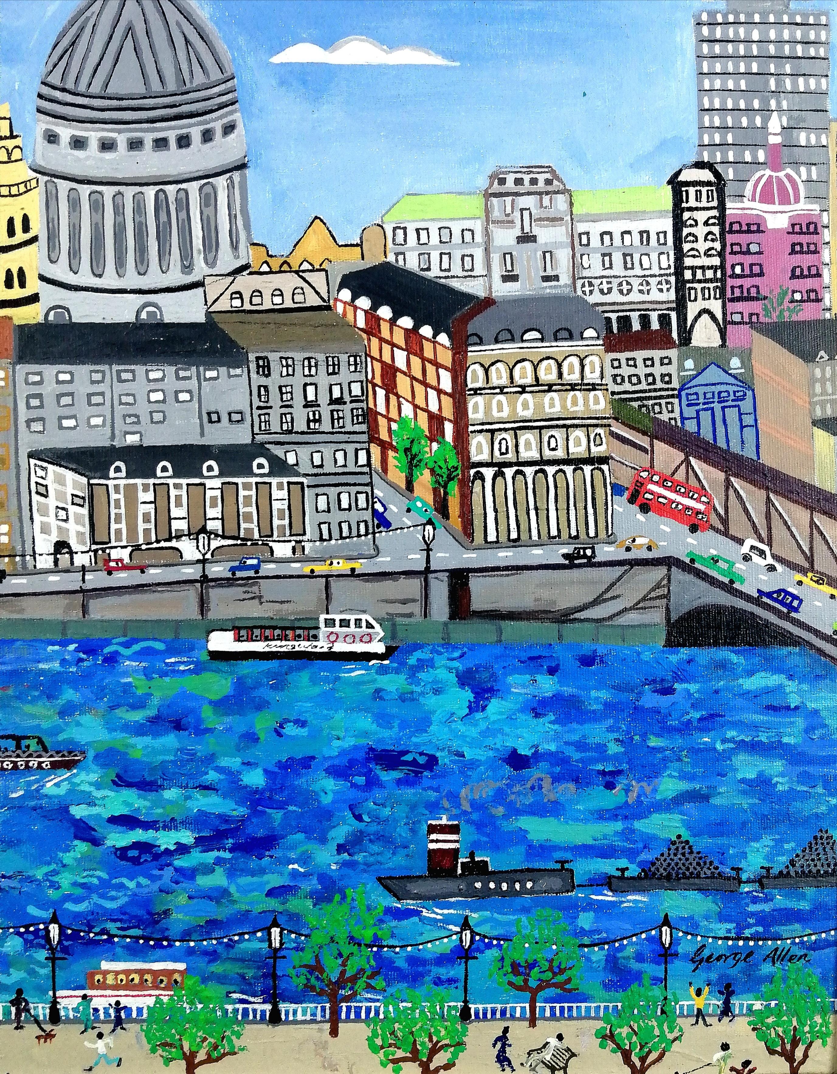 A beautiful large acrylic on canvas board depicting a view of London from the River Thames by George Allen. Signed lower right and presented in it's original painted frame. Royal Academy Summer Exhibition 1994 label on the reverse.

Artist: George