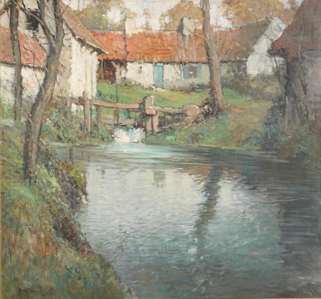 George Ames Aldrich (American, 1872-1941)
Country Cottage on a River: Another superbly painted oil on canvas cottage painting be Aldrich showing a mastery of post impressionism touched by the beauty and inspiration of the French countryside in