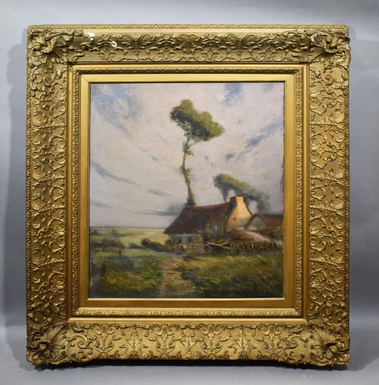 Antique American Impressionist Panoramic Cloud Landscape Signed Oil Painting - Brown Landscape Painting by George Ames Aldrich