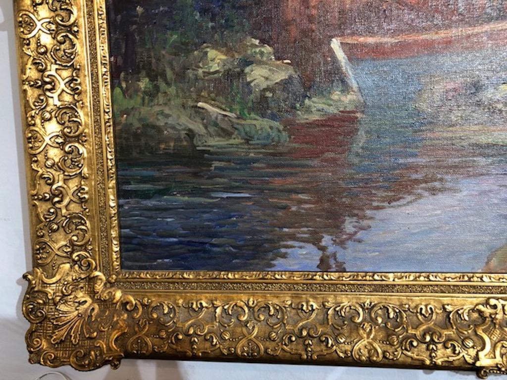 A highly regarded American impressionist-style artist, George Ames Aldrich spent many years in Europe to develop and perfect his style of work to create beautiful landscape paintings.

Painting is wrapped with Newcomb-Macklin frame. S.H. McElswain
