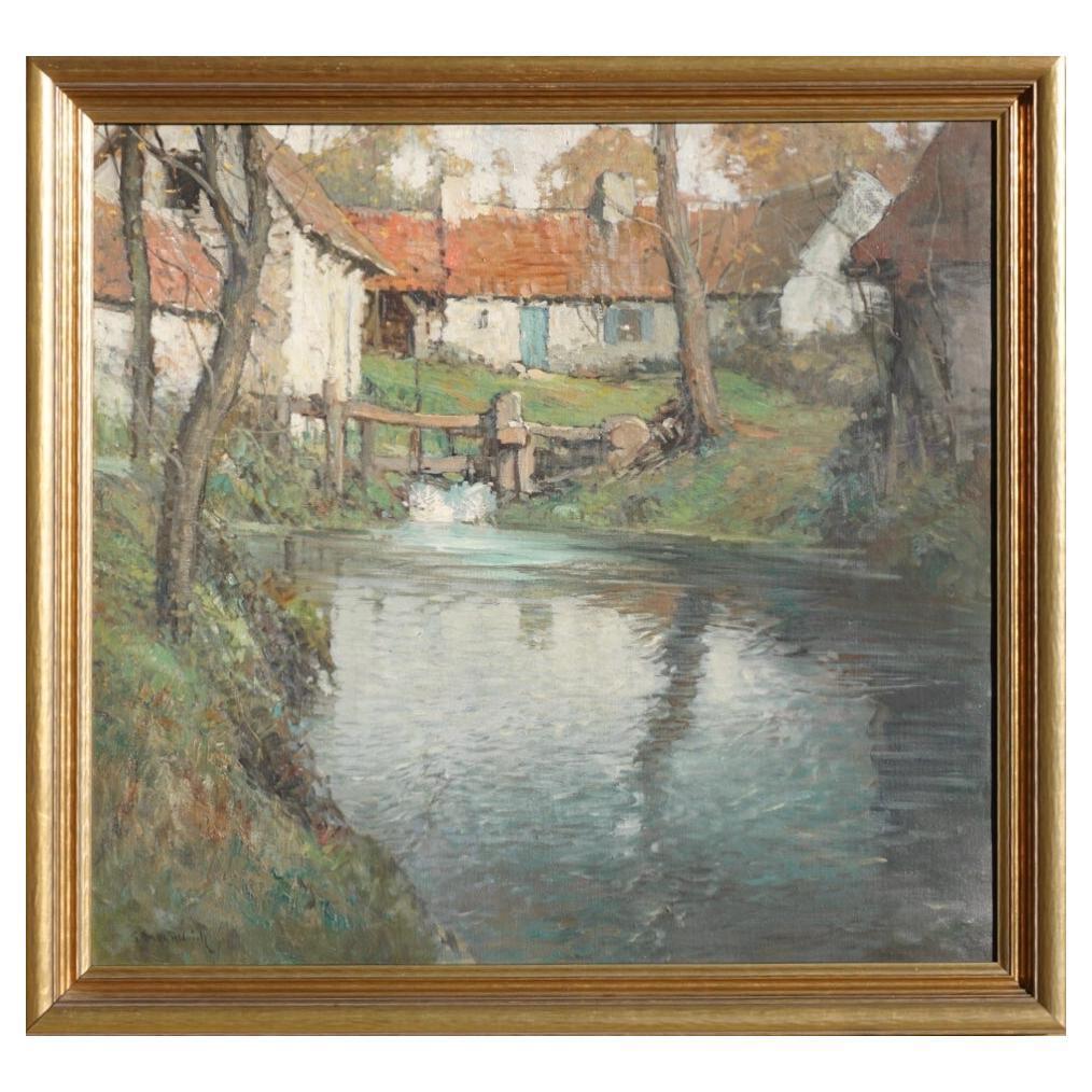 George Ames Aldrich (americano, 1872-1941)
Cottage di campagna su un fiume: Un altro dipinto ad olio su tela superbamente realizzato da Aldrich, che mostra la sua maestria nel post impressionismo, toccato dalla bellezza e dall'ispirazione della