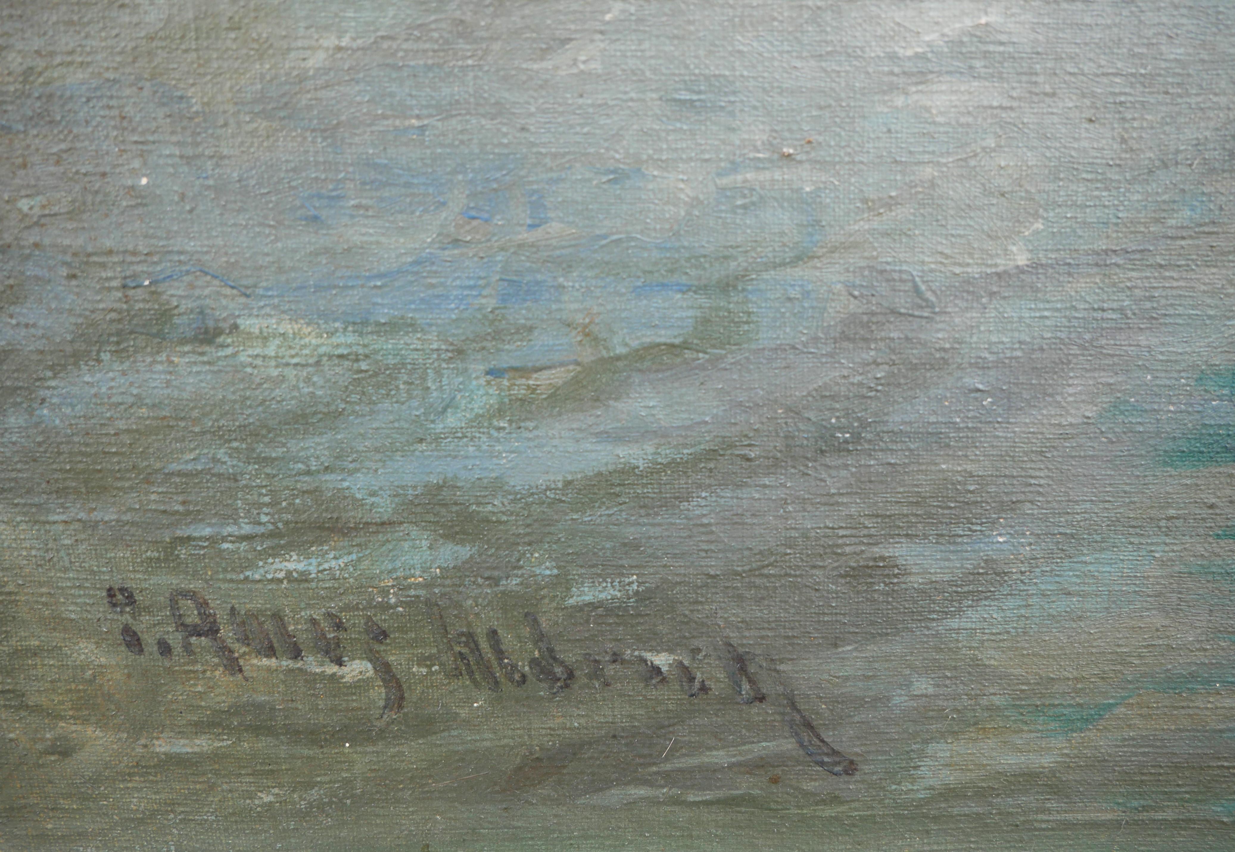 Pintura al pastel de estilo impresionista del paisajista estadounidense George Ames Aldrich. La obra muestra a una mujer de pie al borde de un río en una pintoresca ciudad pastoral francesa. Firmado en la esquina inferior izquierda de la parte