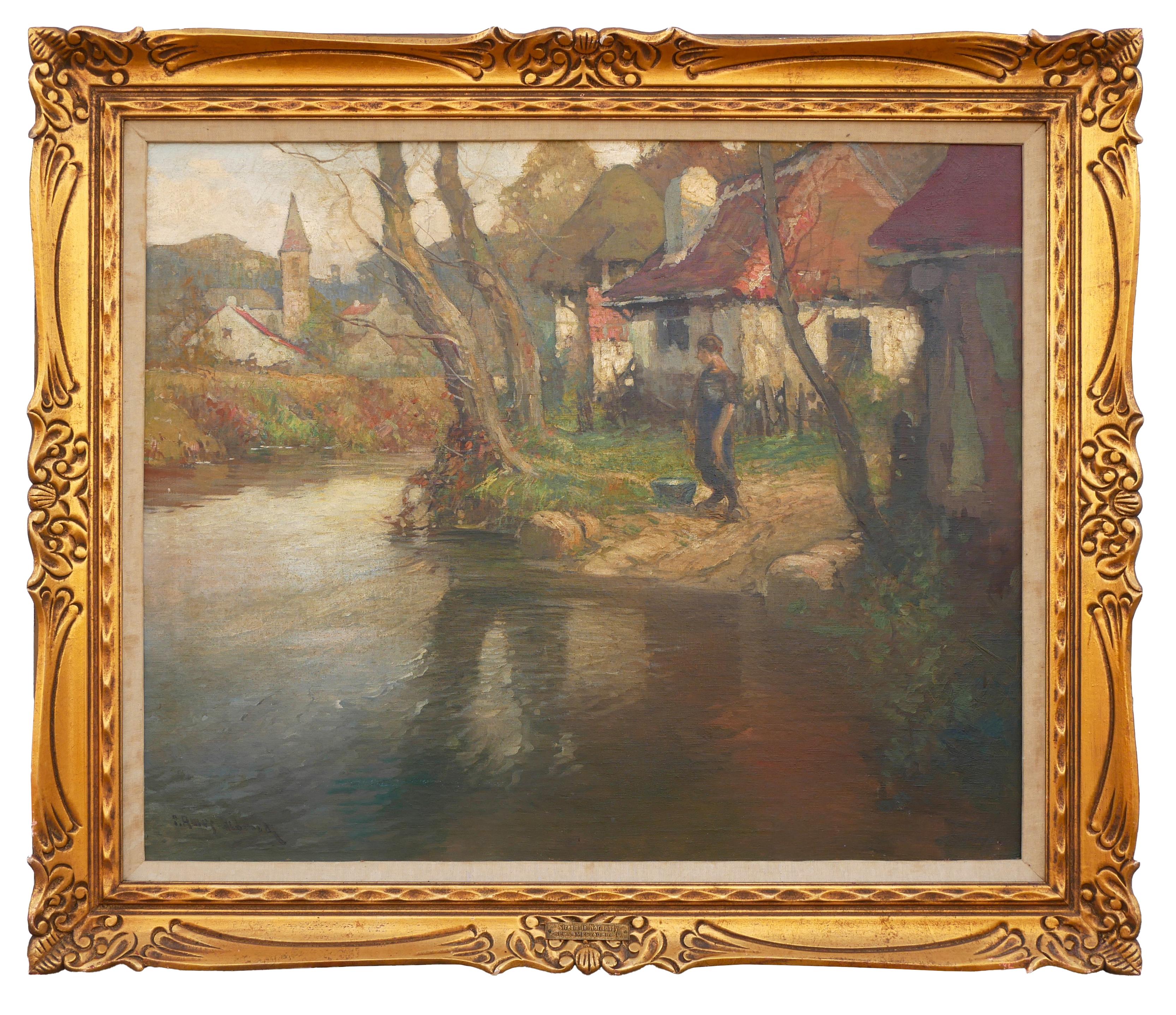 Landscape Painting de George Ames Aldrich - "Arroyo en Normandía" Pintura Pastoral Impresionista al Pastel Paisaje Francés