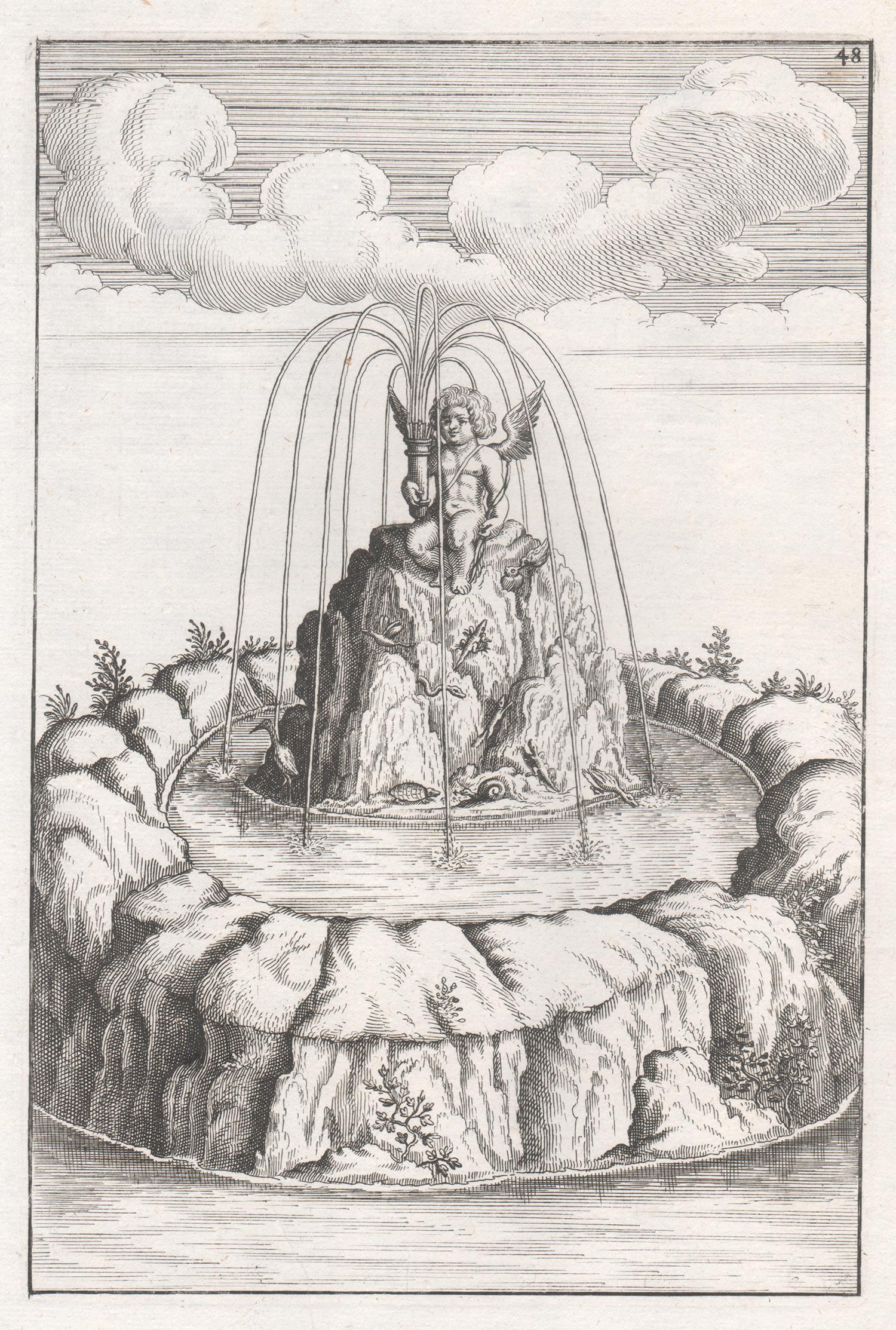 Baroque 17th century German fountain design engraving print by Boeckler
