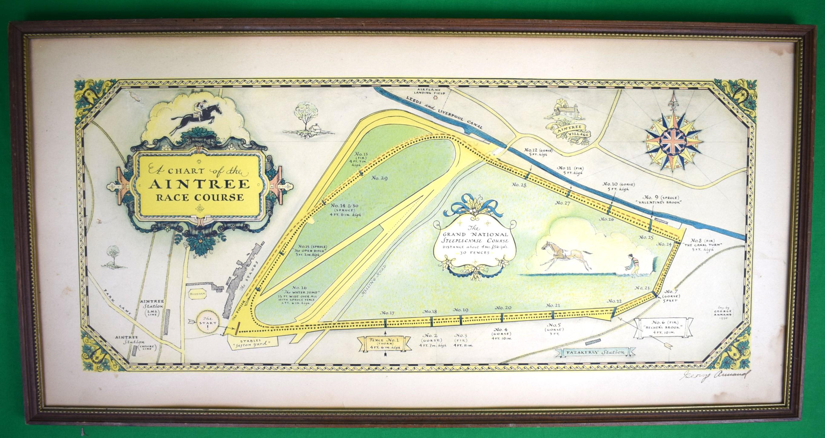 "Chart Of The Aintree Race Course" 1930 Hand-Coloured & Signed By The Artist  - Print by George Annand