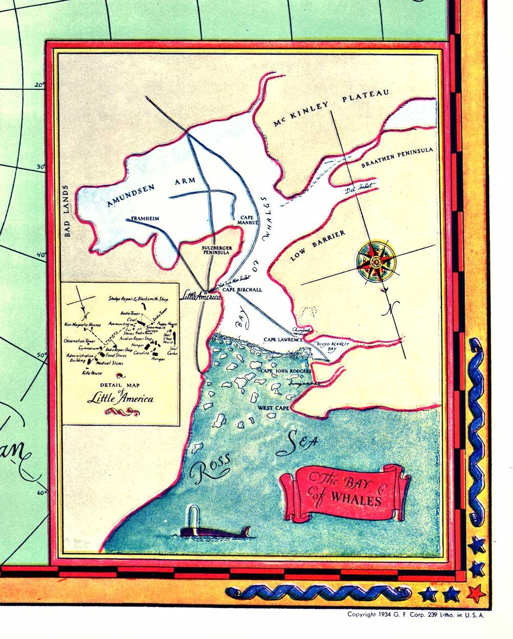 Mappa originale autorizzata della Seconda Spedizione Antartica di BYRD mappa vintage con poster.  Stampato nel 1934 da G.F. Corp.   Artista:  George Annand.  Stampa autentica del 1934: Questa è la mappa autentica e autorizzata prodotta durante la