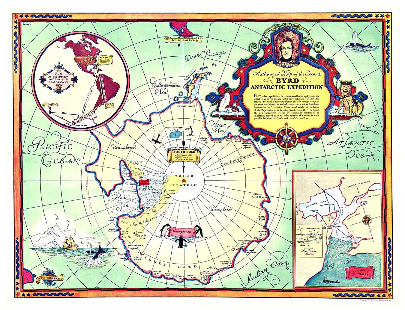 Mappa originale della spedizione antartica di Byrd del 1934, poster d'epoca  mappa