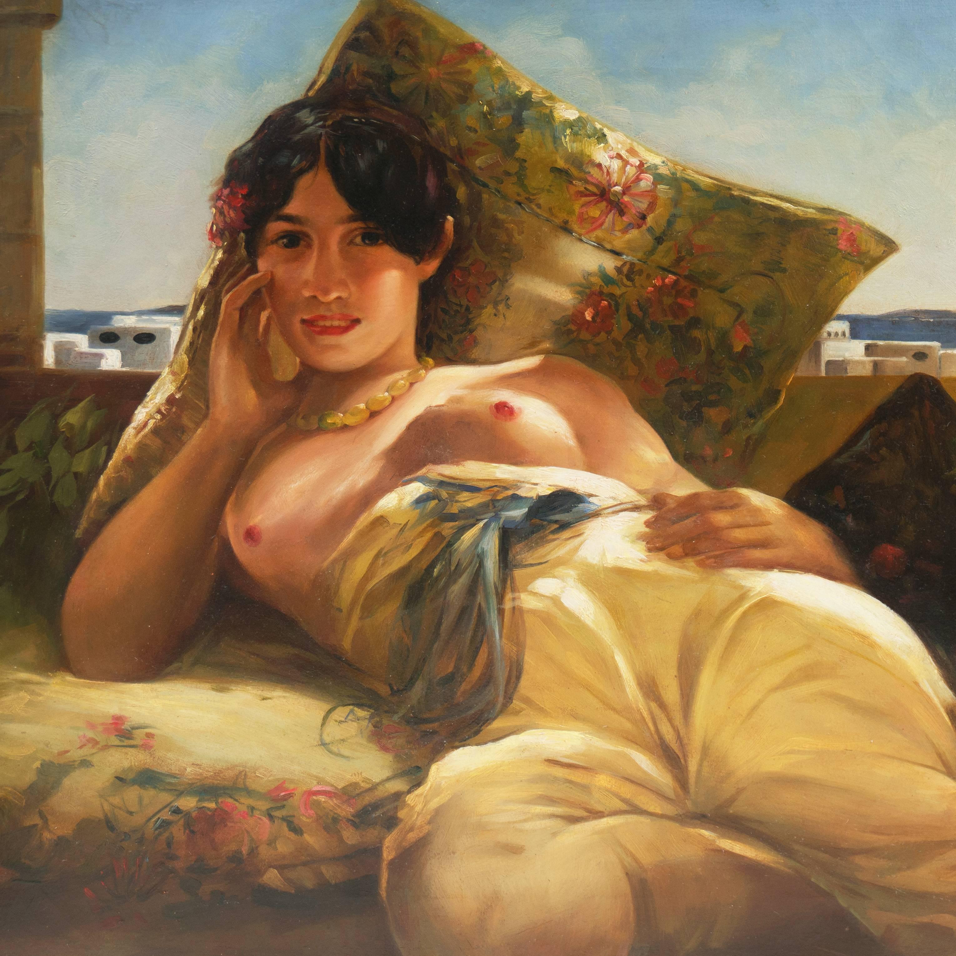 'Young Woman Reclining', French Orientalist Oil, Société des Artistes Français - Painting by Unknown