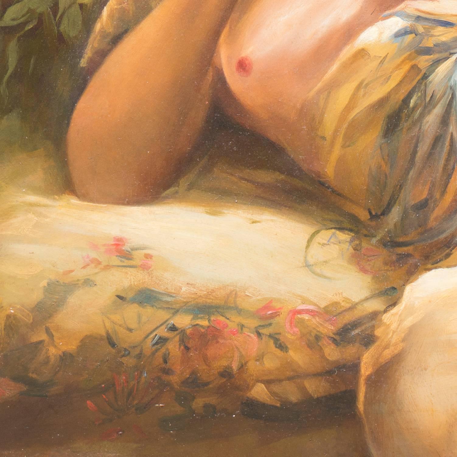 'Young Woman Reclining', French Orientalist Oil, Société des Artistes Français - Romantic Painting by Unknown