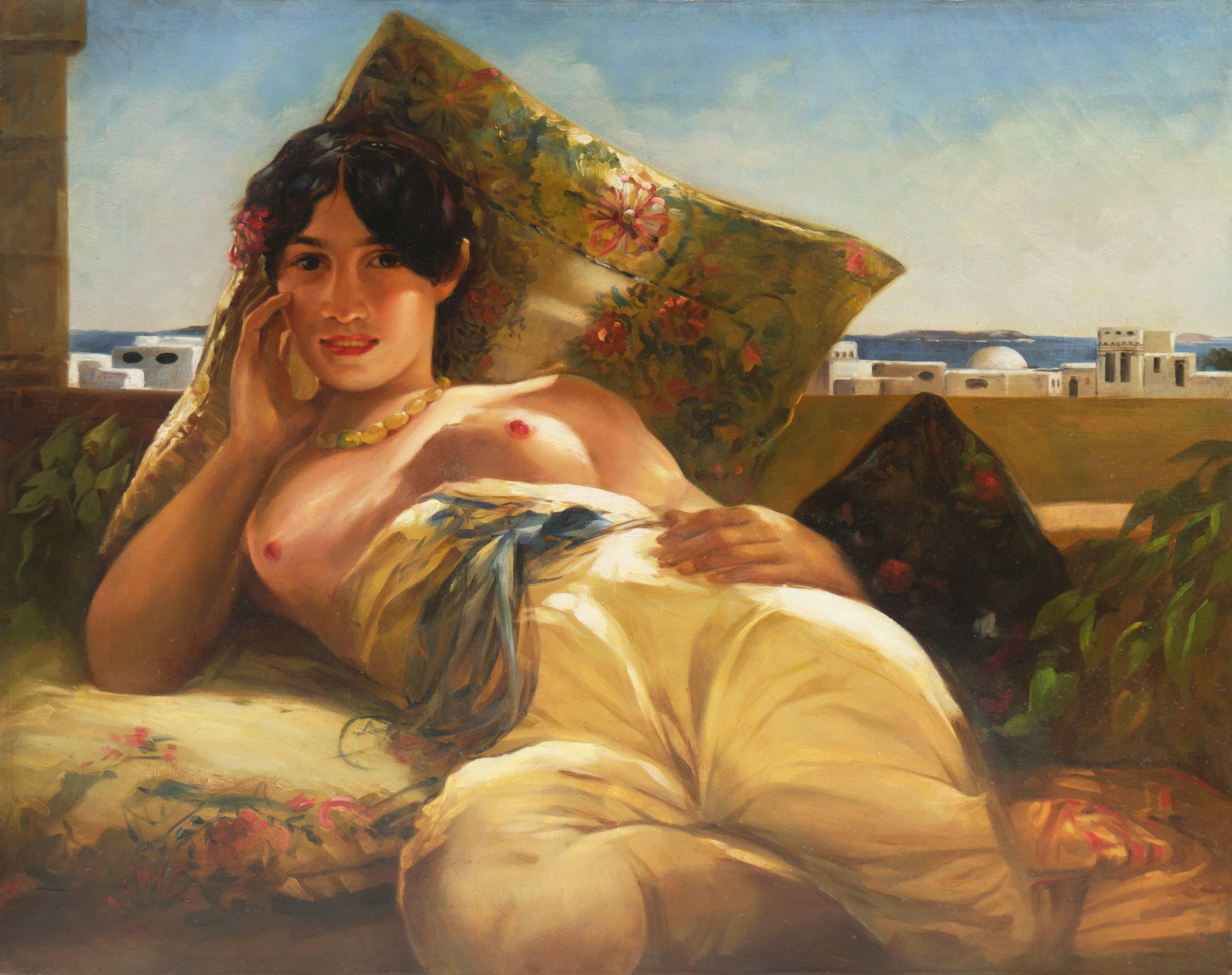 Unknown Nude Painting - 'Young Woman Reclining', French Orientalist Oil, Société des Artistes Français