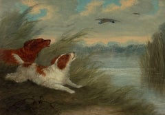 19th Century British Sporting Victorian Oil Spaniels Hunting Wildfowl by River