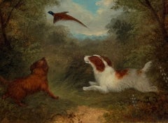 19th Century British Victorian Oil Spaniel Dogs Hunting Pheasant in the Woods