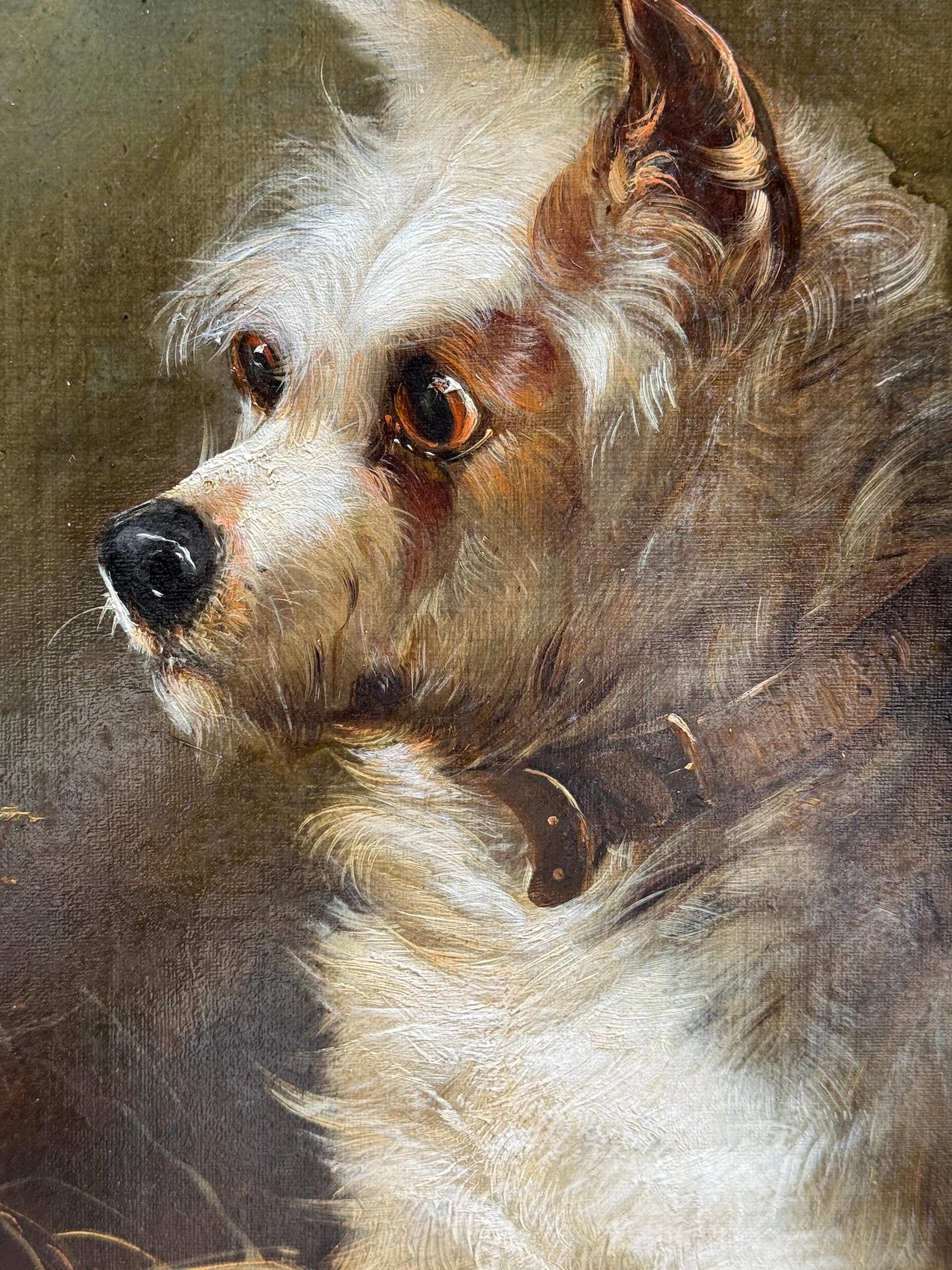 Englisches Portr�ät einer Frau aus dem 19.  Westie und Cairn Terrier in einer Scheune – Painting von George Armfield