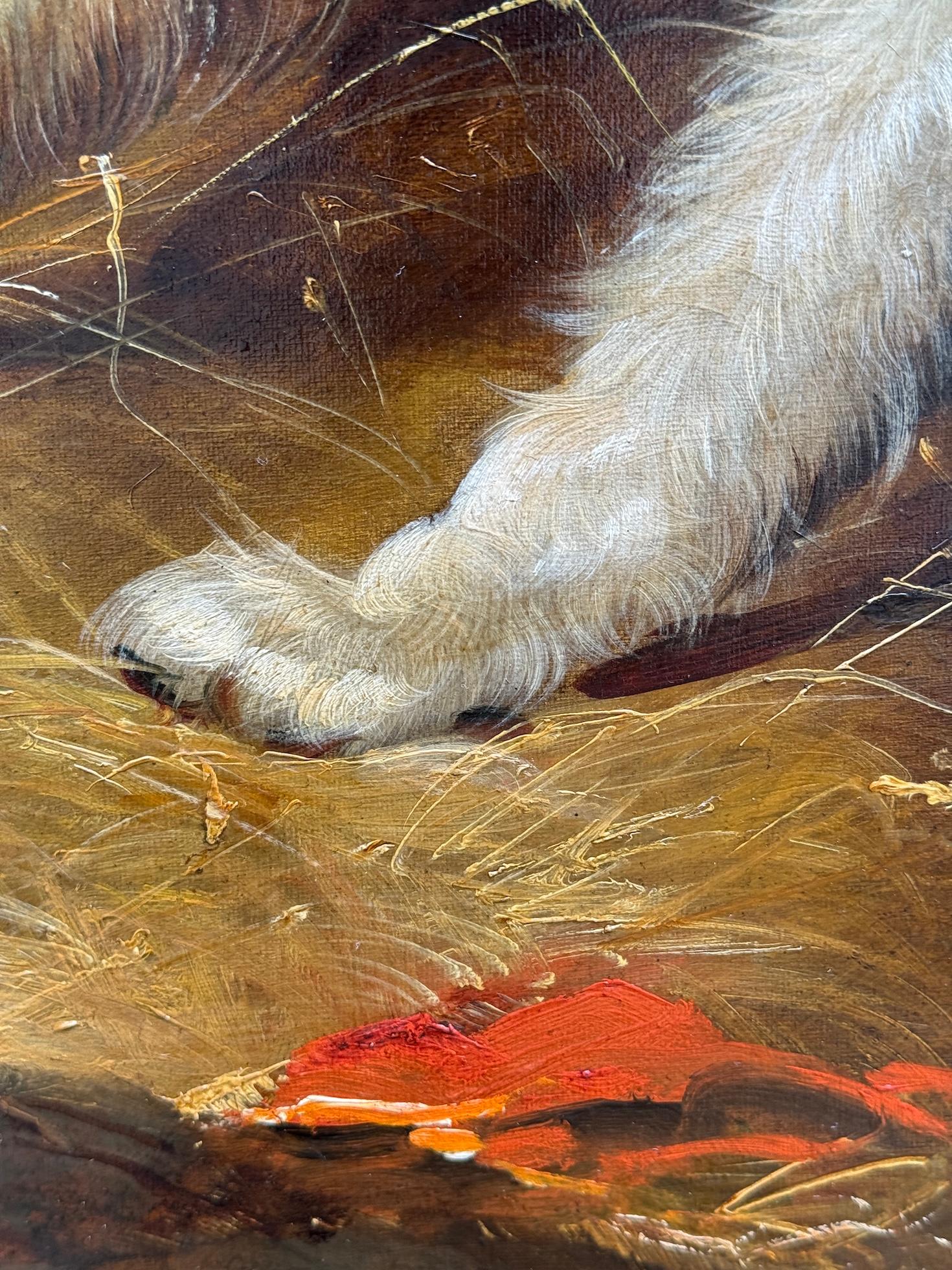 Englisches Porträt einer Frau aus dem 19.  Westie und Cairn Terrier in einer Scheune (Viktorianisch), Painting, von George Armfield
