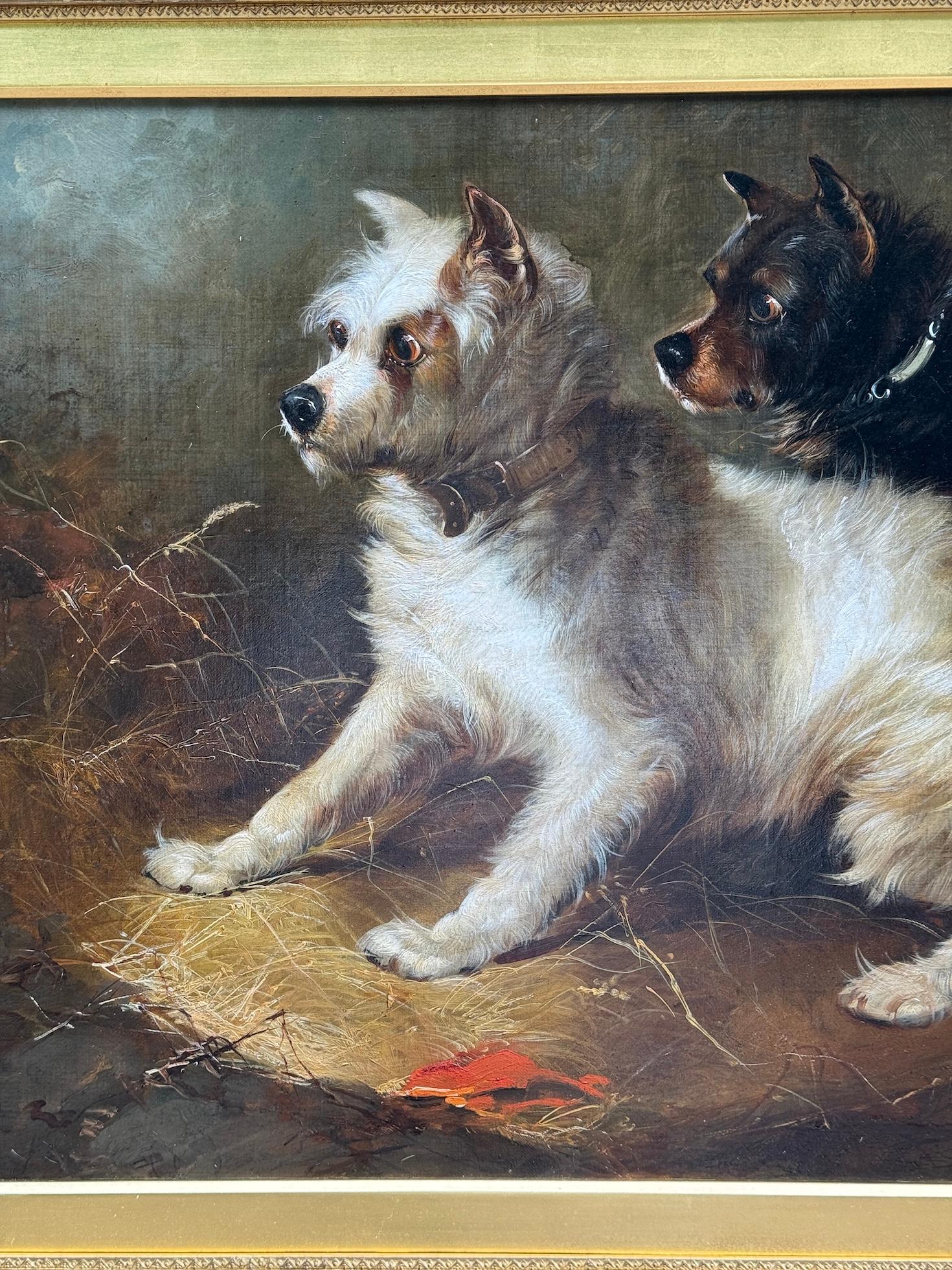 Englisches Porträt einer Frau aus dem 19.  Westie und Cairn Terrier in einer Scheune (Braun), Animal Painting, von George Armfield