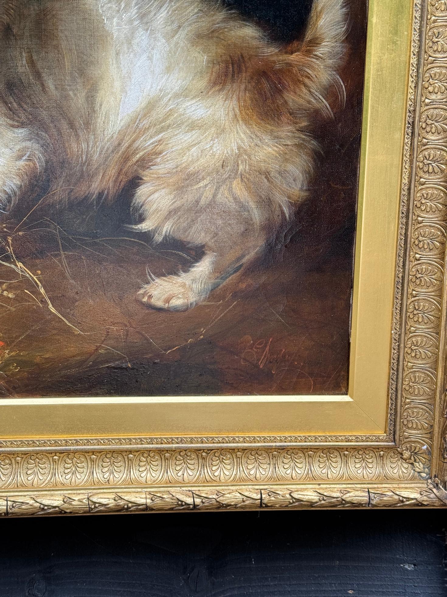 Englisches Porträt einer Frau aus dem 19.  Westie und Cairn Terrier in einer Scheune im Angebot 1