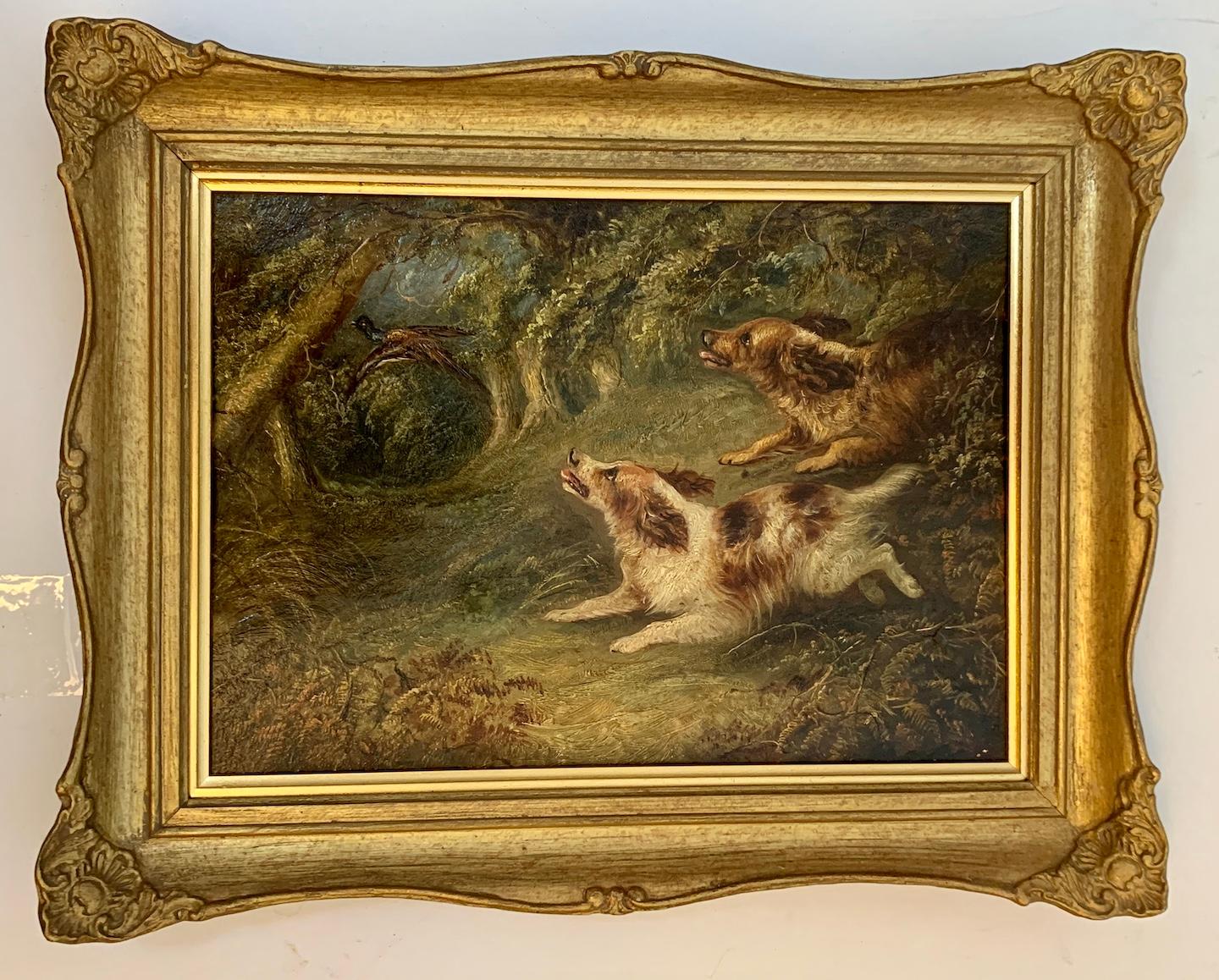 19th century English , two spaniel dogs chasing a Pheasant in a landscape