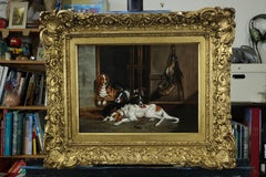 After the Shoot Dogs resting in barn and pheasants hanging, antique Oil Painting