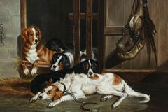 The Shoot Dogs resting in barn and pheasants hanging, antikes Ölgemälde