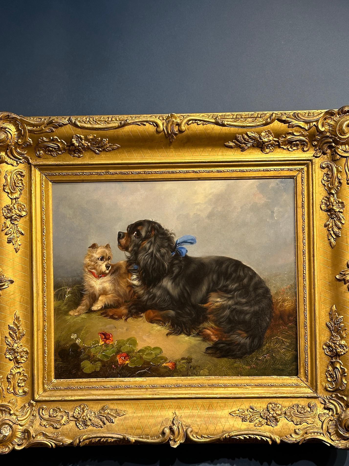 Antique English 19th Century, King Charles Cavalier and Westie dogs in a room - Painting by George Armfield