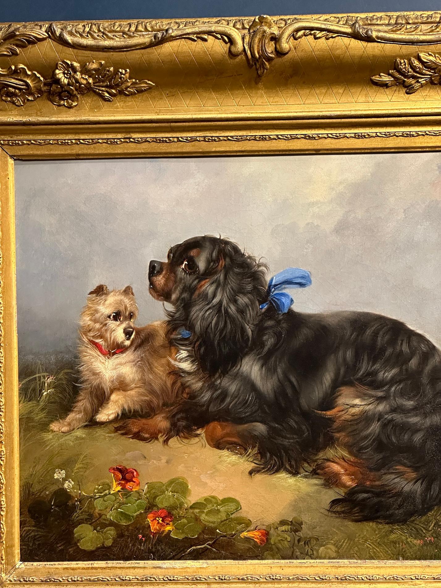 Antique English 19th Century, King Charles Cavalier and Westie dogs in a room - Victorian Painting by George Armfield
