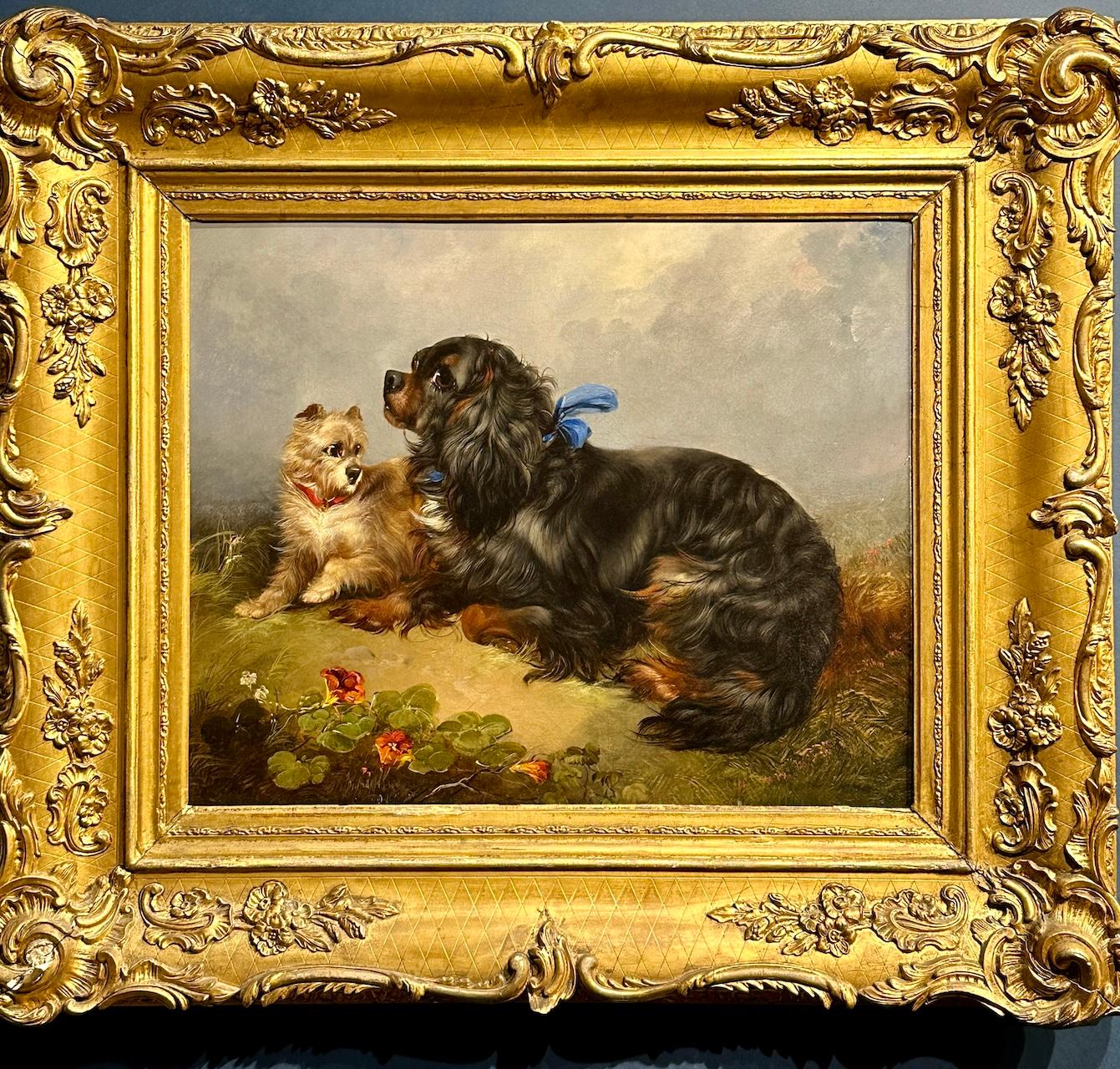 George Armfield Landscape Painting - Antique English 19th Century, King Charles Cavalier and Westie dogs in a room