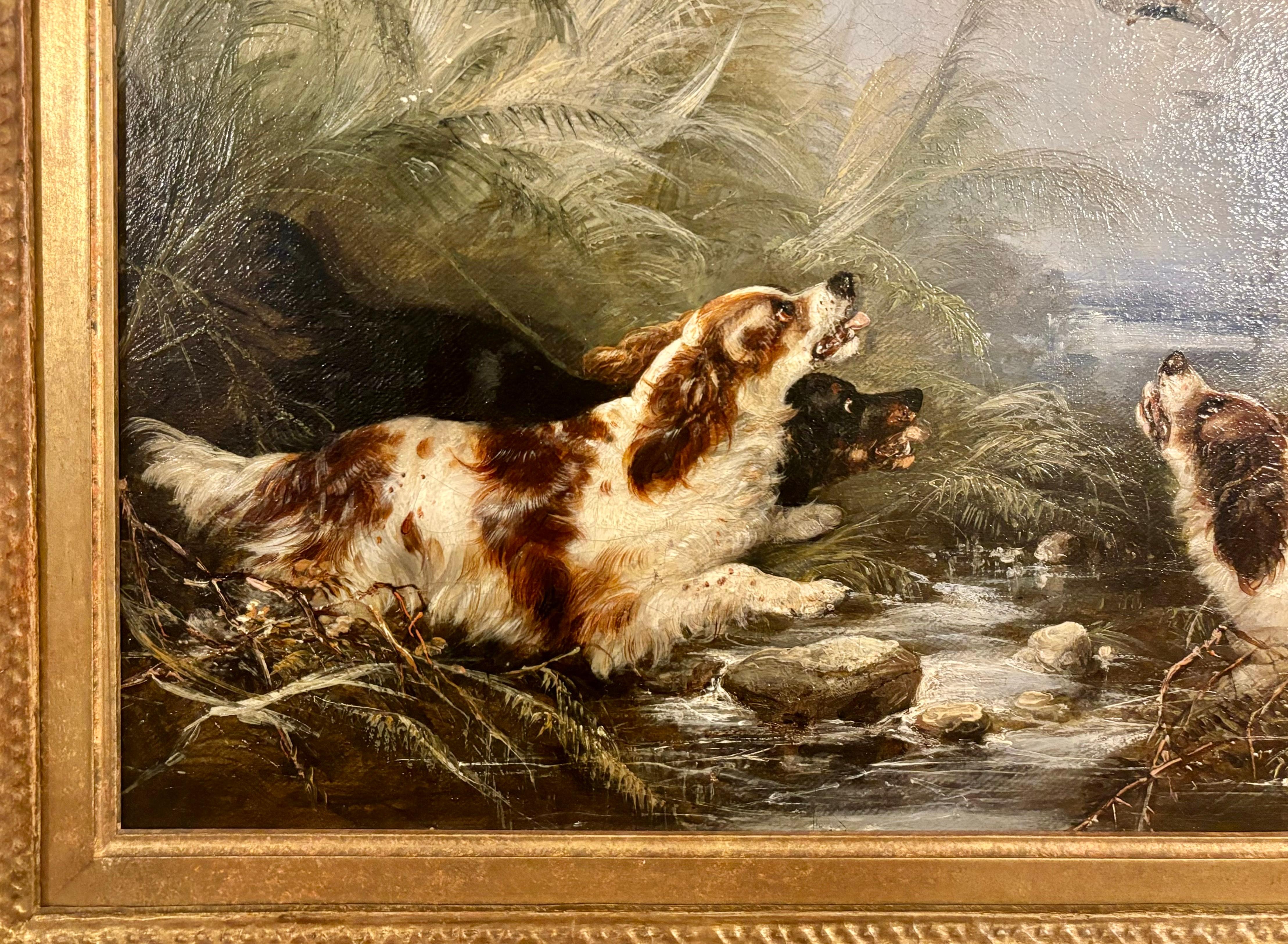Antique English 19th Century, three Spaniels dogs chasing Ducks in a landscape - Painting by George Armfield