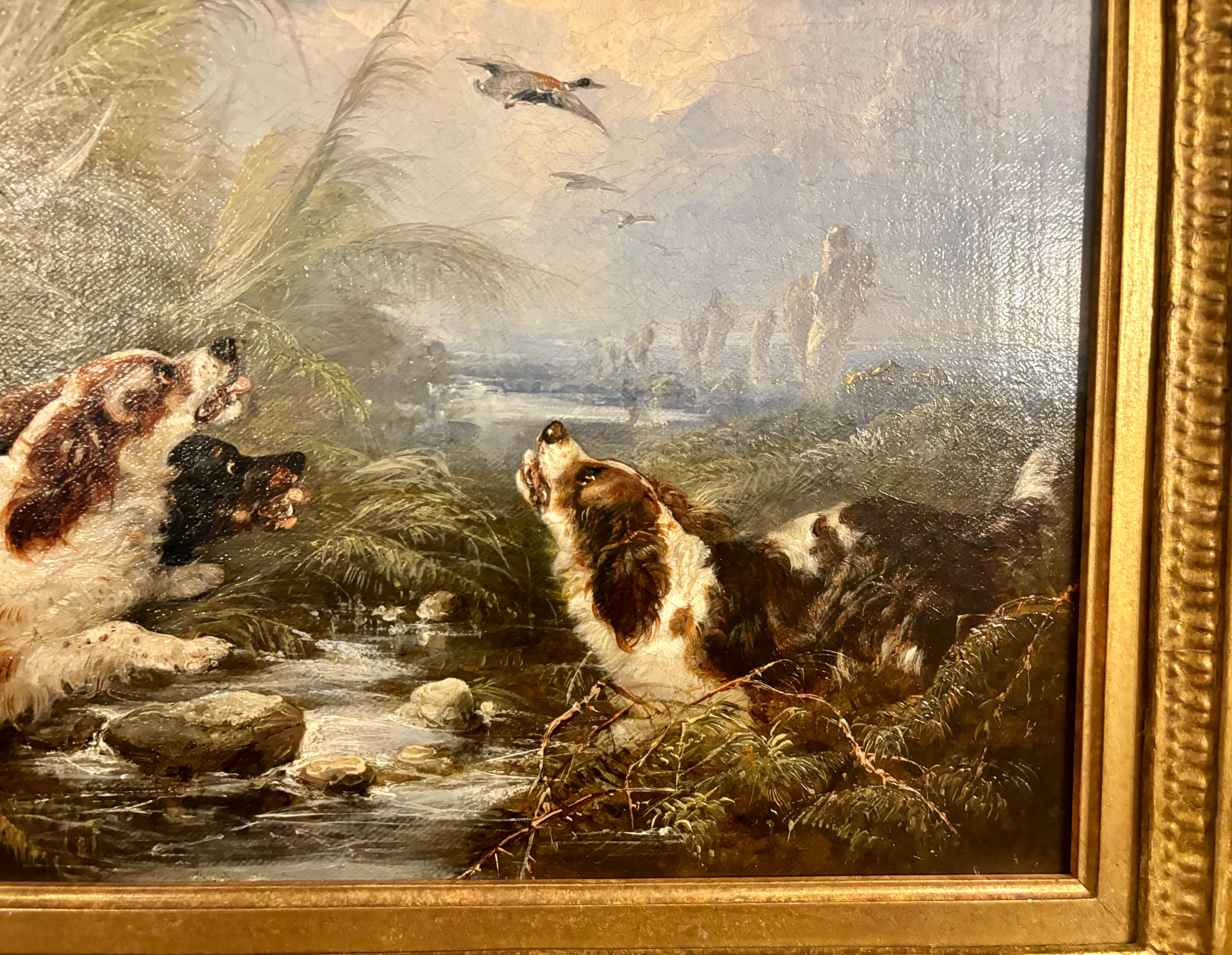 Antique English 19th Century, three Spaniels dogs chasing Ducks in a landscape - Victorian Painting by George Armfield