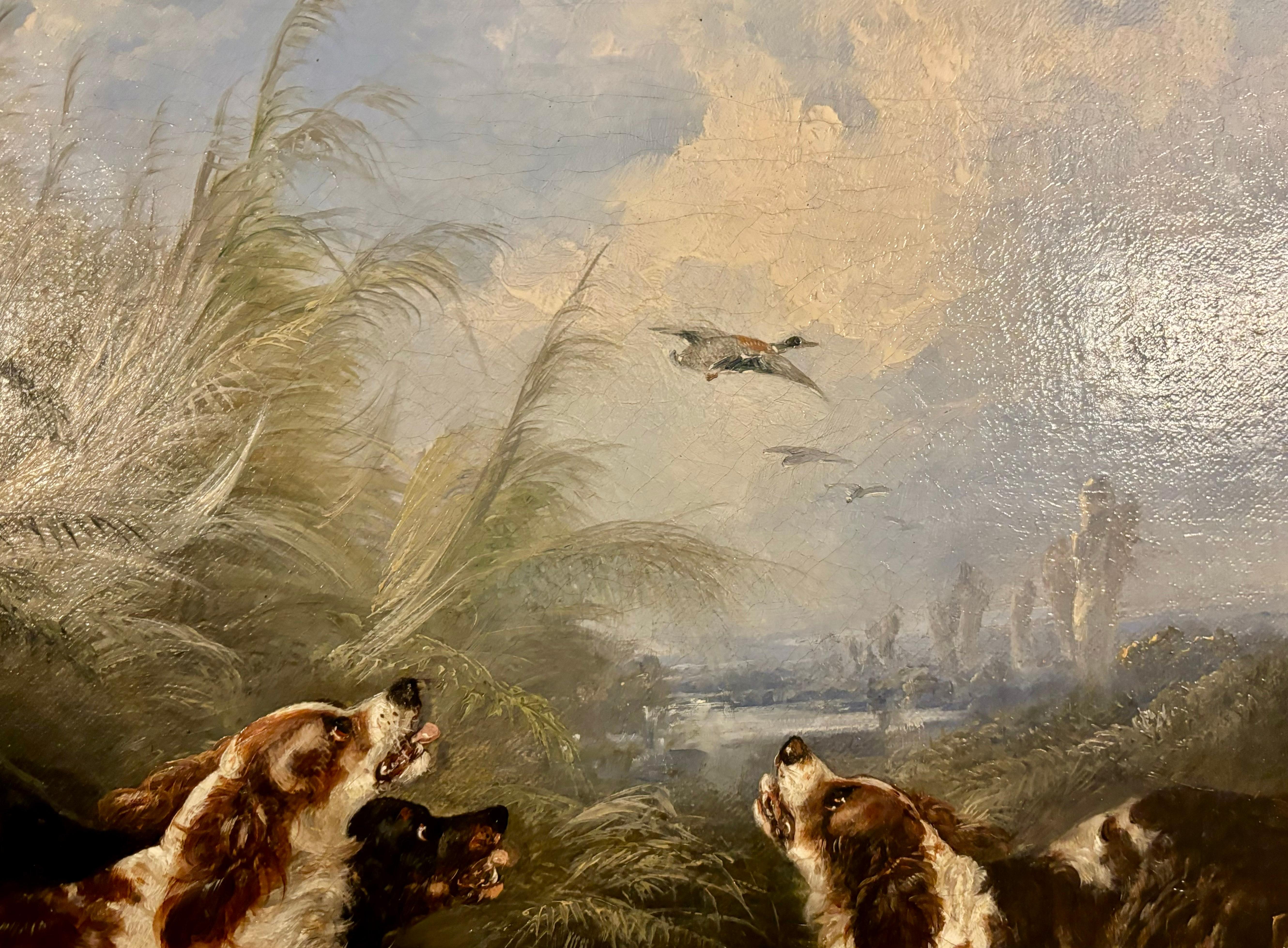 Antique English 19th Century, three Spaniels dogs chasing Ducks in a landscape - Brown Animal Painting by George Armfield