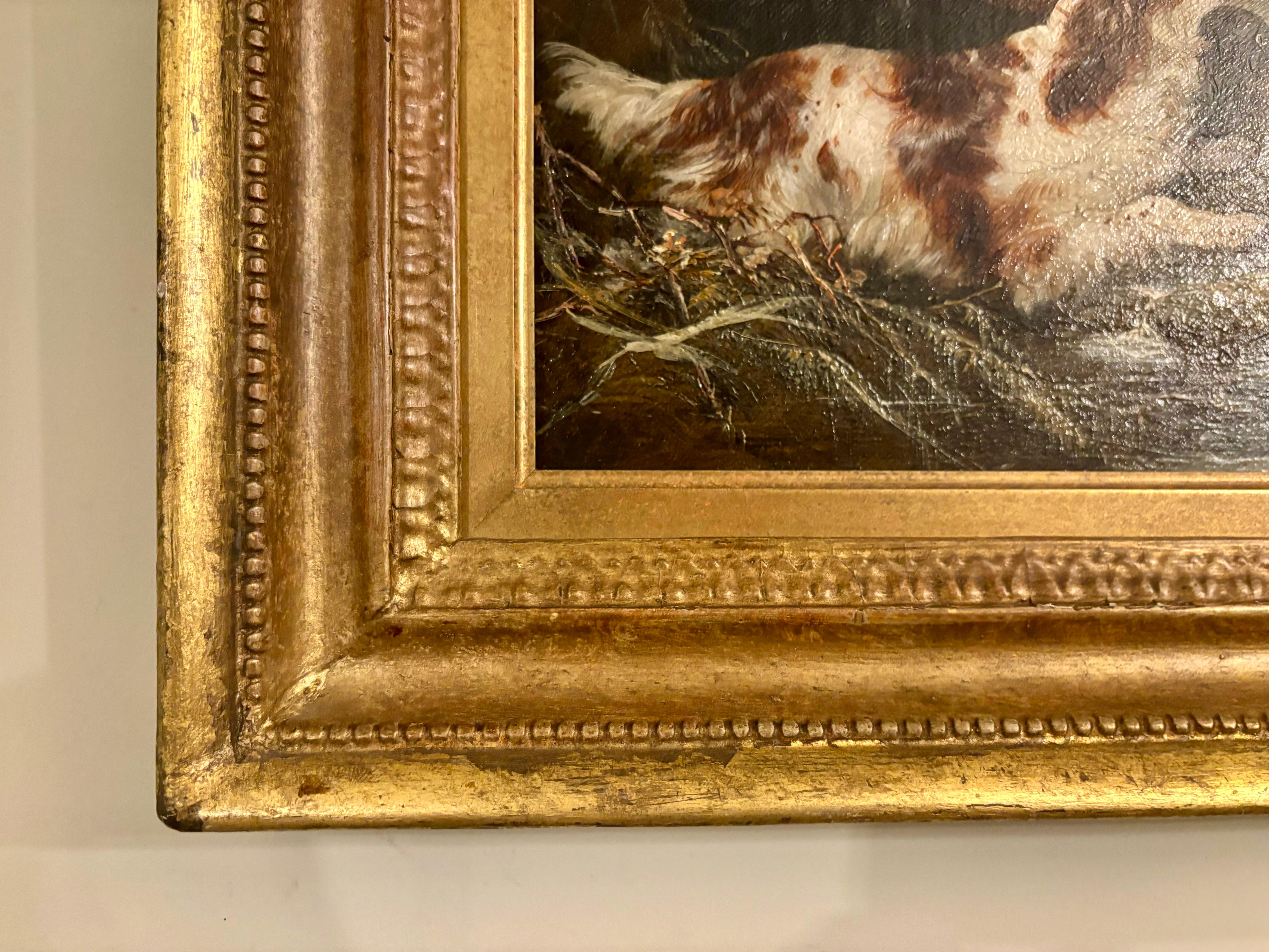 Antique Victorian English 19th Century, three Spaniel dogs chasing Ducks in an extensive landscape.

This vibrant oil painting by George Armfield, depicting three spaniels in pursuit of ducks, is a stunning example of mid-19th-century English