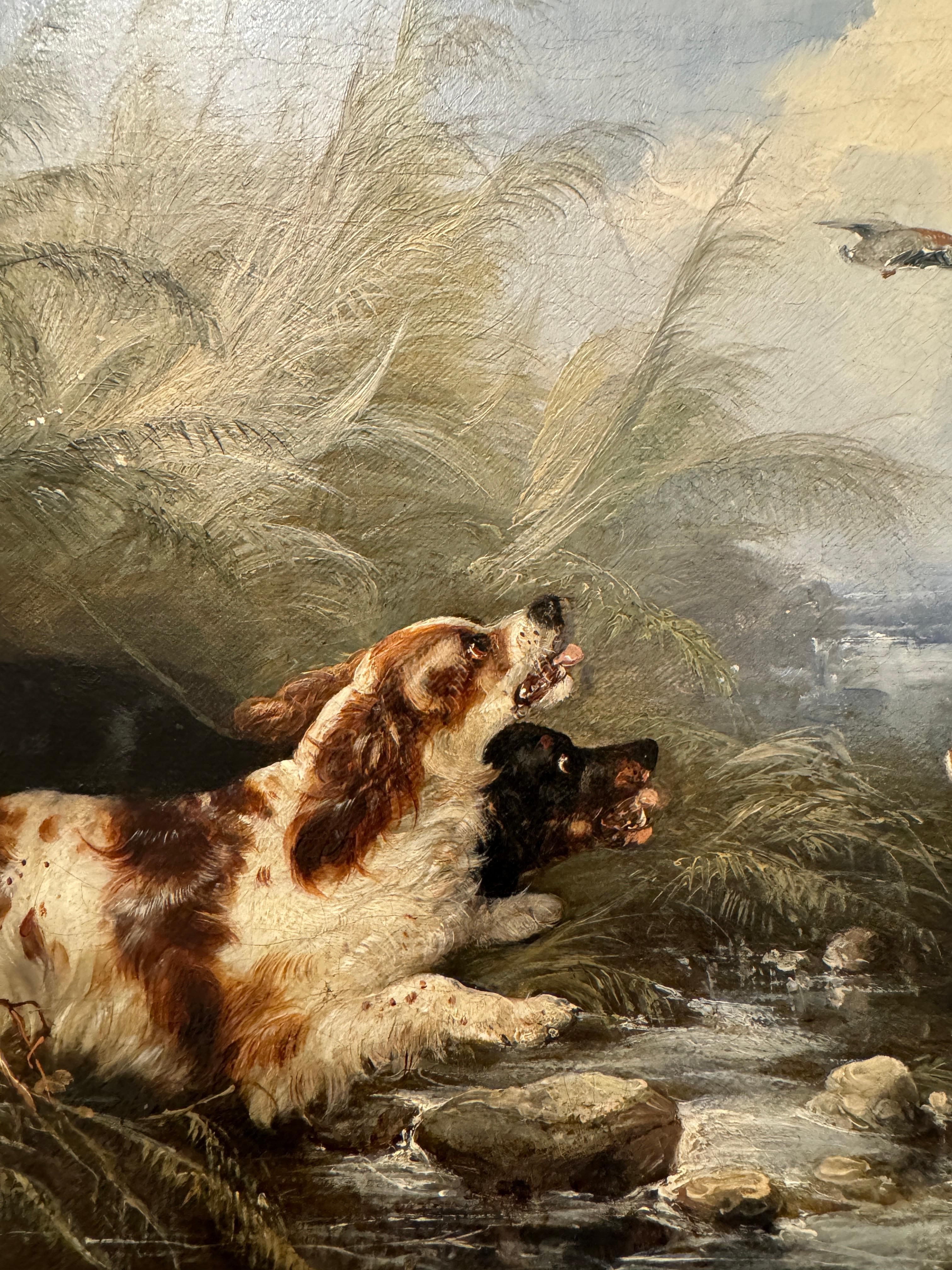 Antique English 19th Century, three Spaniels dogs chasing Ducks in a landscape 1