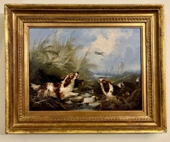 Antique English 19th Century, three Spaniels dogs chasing Ducks in a landscape