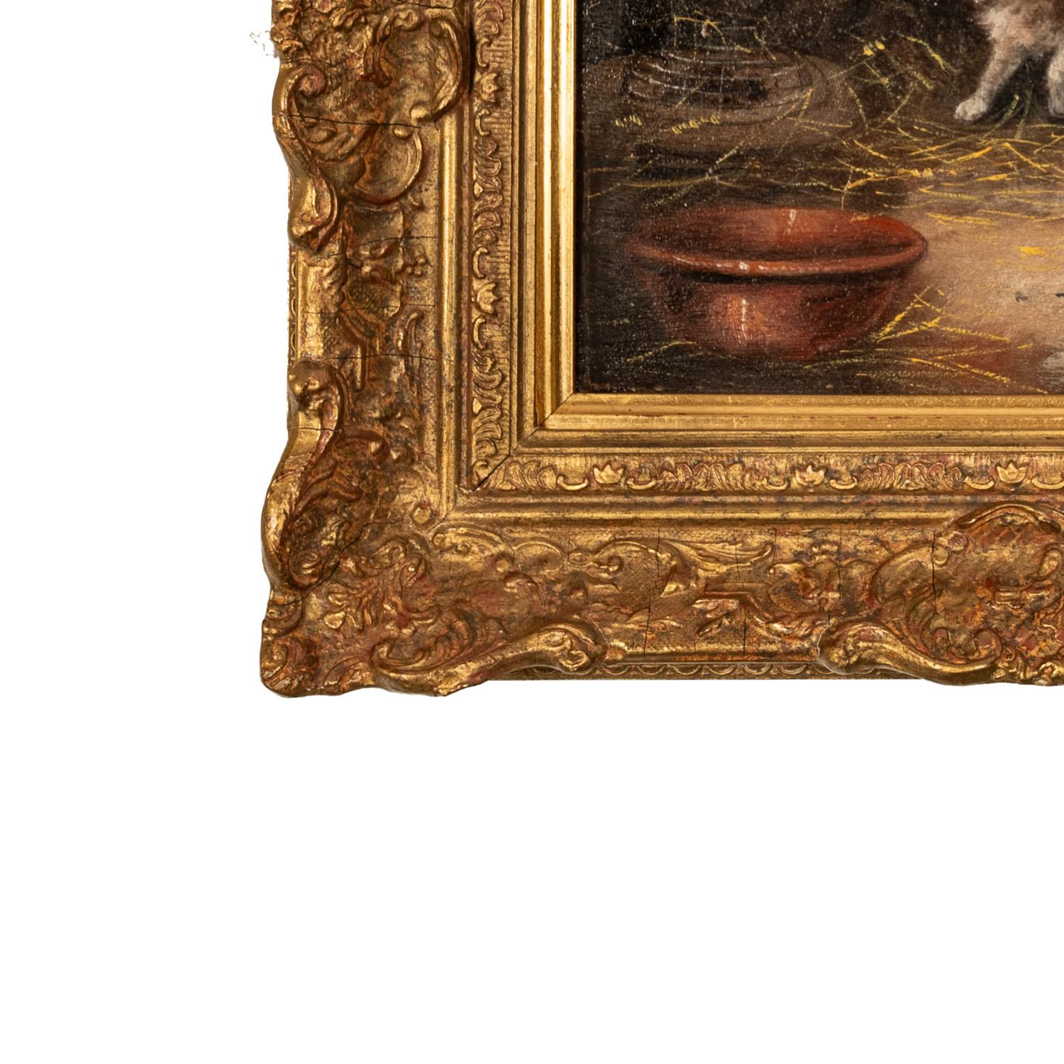 Pittura ad olio antica Tre cuccioli di Terrier in una stalla con un topo in gabbia in vendita 6