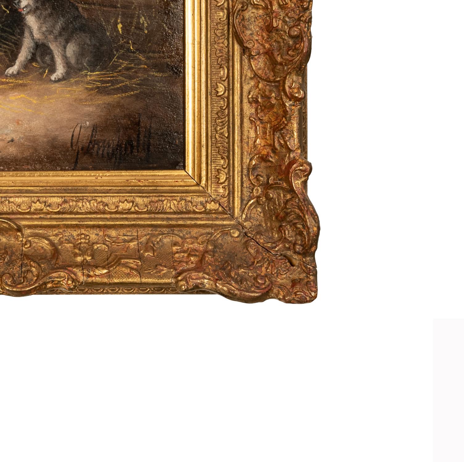 Pittura ad olio antica Tre cuccioli di Terrier in una stalla con un topo in gabbia in vendita 7