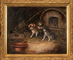 Antique Oil Painting Three Terrier Puppies Dogs In a Stable With a Caged Rat