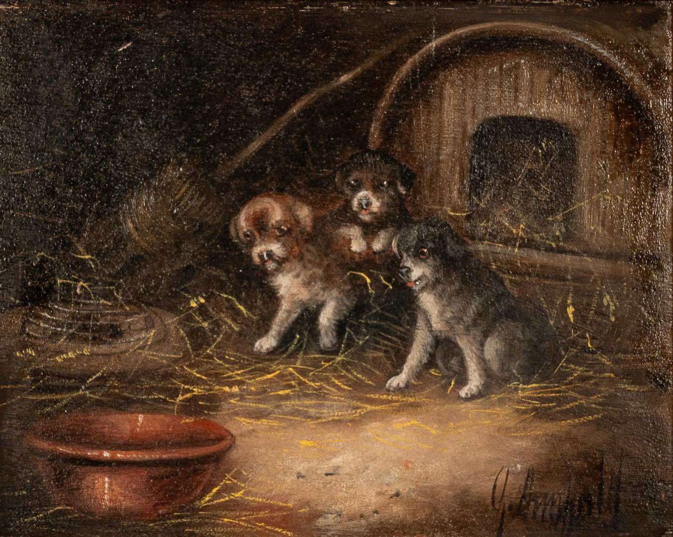 Pittura ad olio antica Tre cuccioli di Terrier in una stalla con un topo in gabbia - Painting Vittoriano di George Armfield