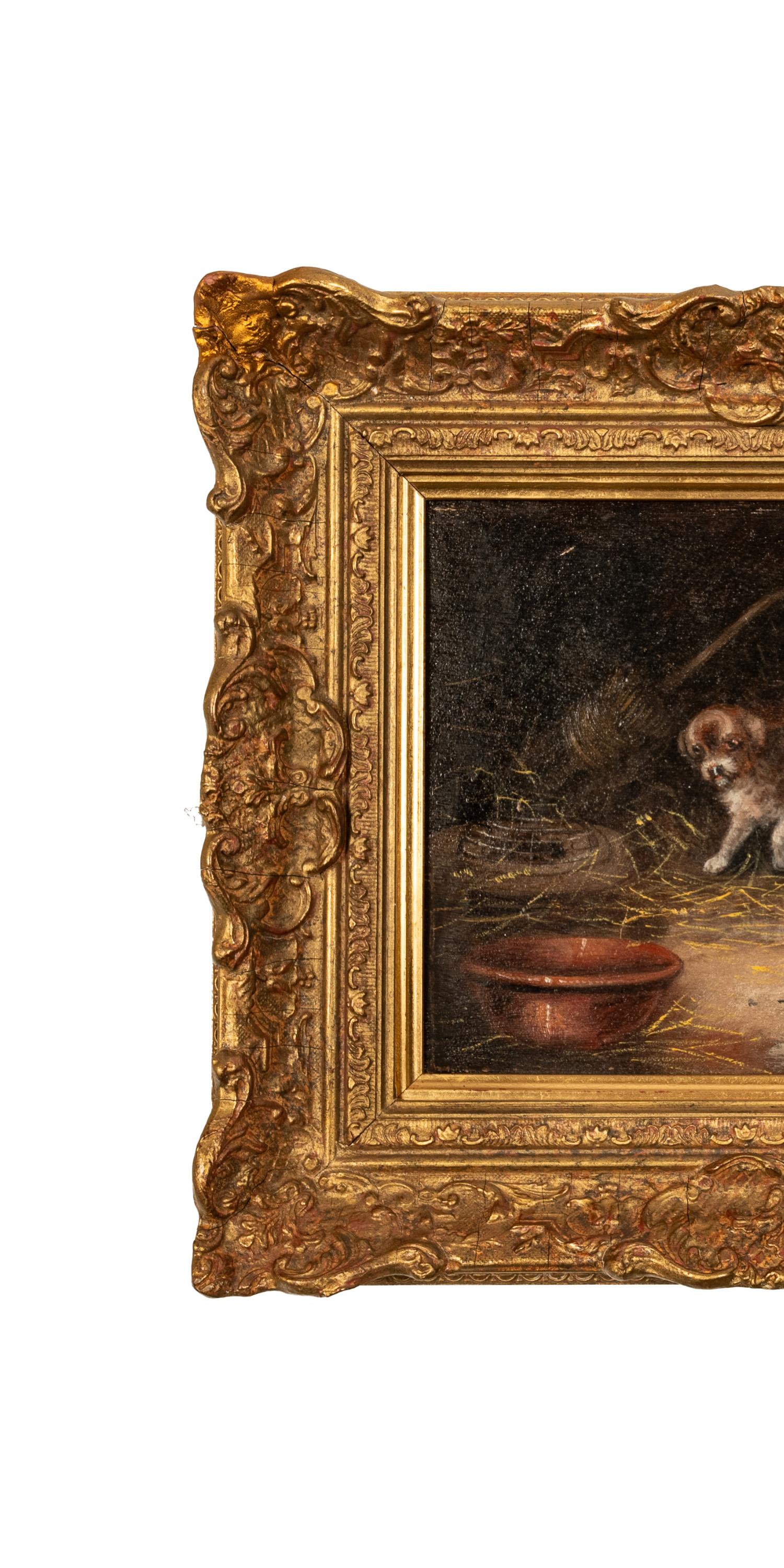 Pittura ad olio antica Tre cuccioli di Terrier in una stalla con un topo in gabbia - Animal Painting Marrone di George Armfield