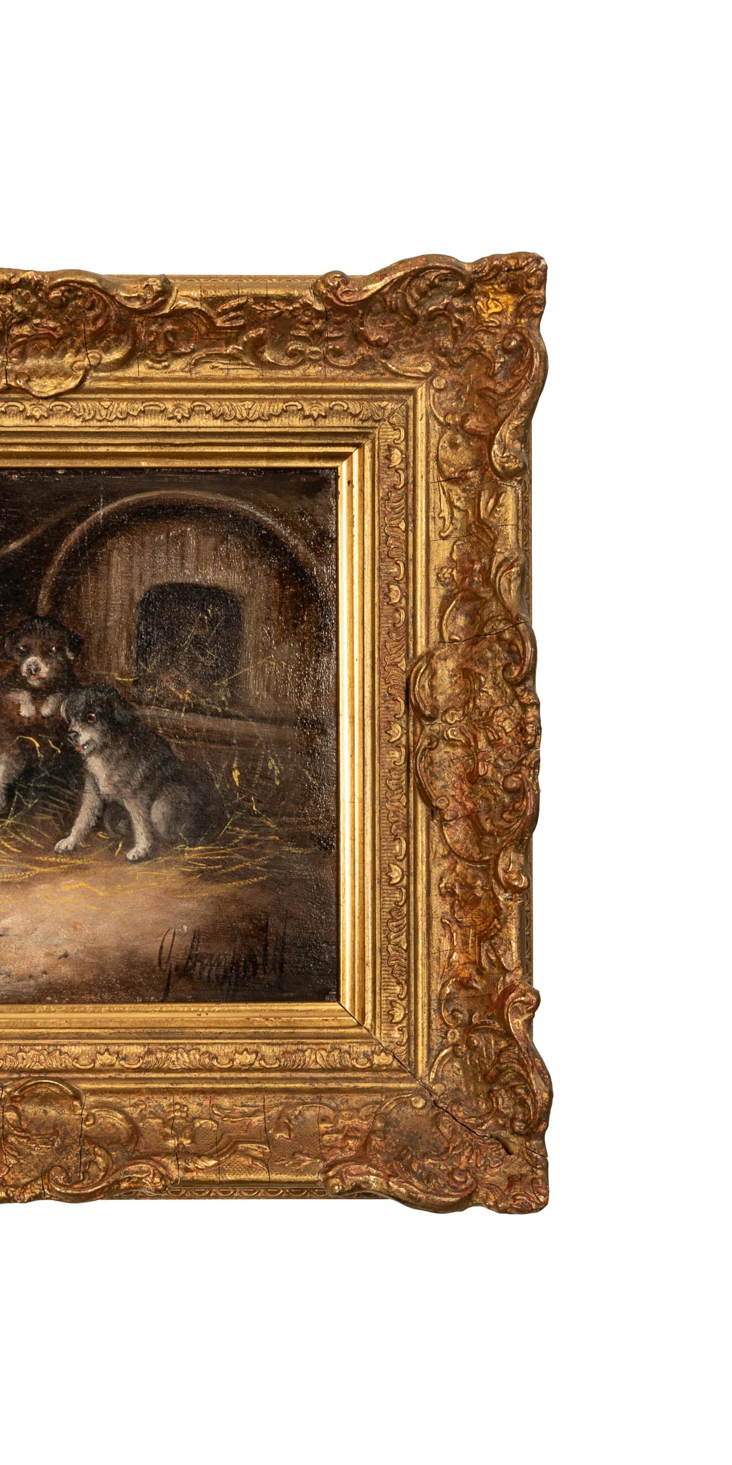 Un meraviglioso e stravagante dipinto a olio su tavola del XIX secolo raffigurante dei cuccioli in una stalla, opera del celebre artista George Armfield (1820-1893), il dipinto risale al 1860 circa.
Questo delizioso dipinto a olio raffigura tre