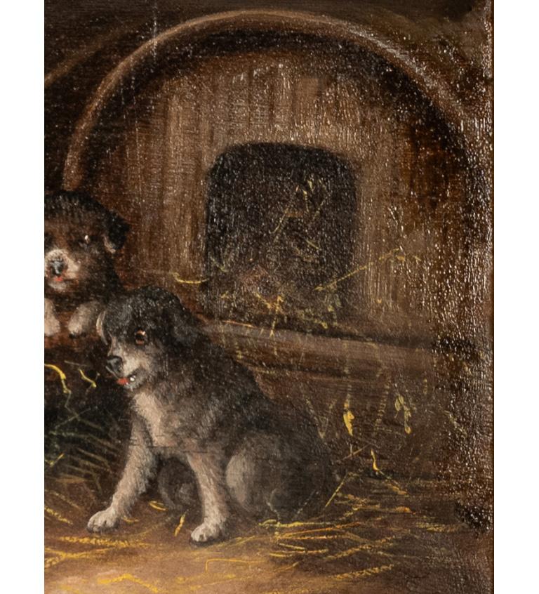 Pittura ad olio antica Tre cuccioli di Terrier in una stalla con un topo in gabbia in vendita 1