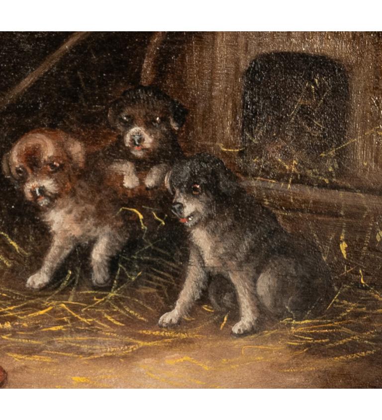 Pittura ad olio antica Tre cuccioli di Terrier in una stalla con un topo in gabbia in vendita 2