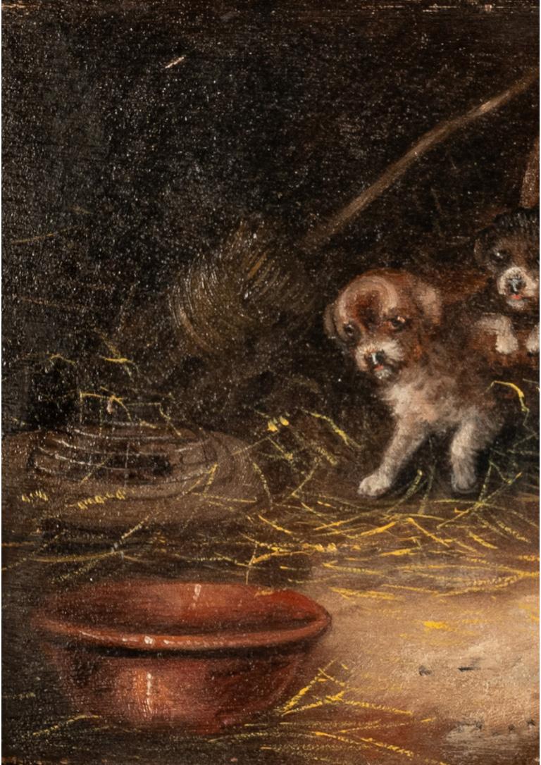 Pittura ad olio antica Tre cuccioli di Terrier in una stalla con un topo in gabbia in vendita 3