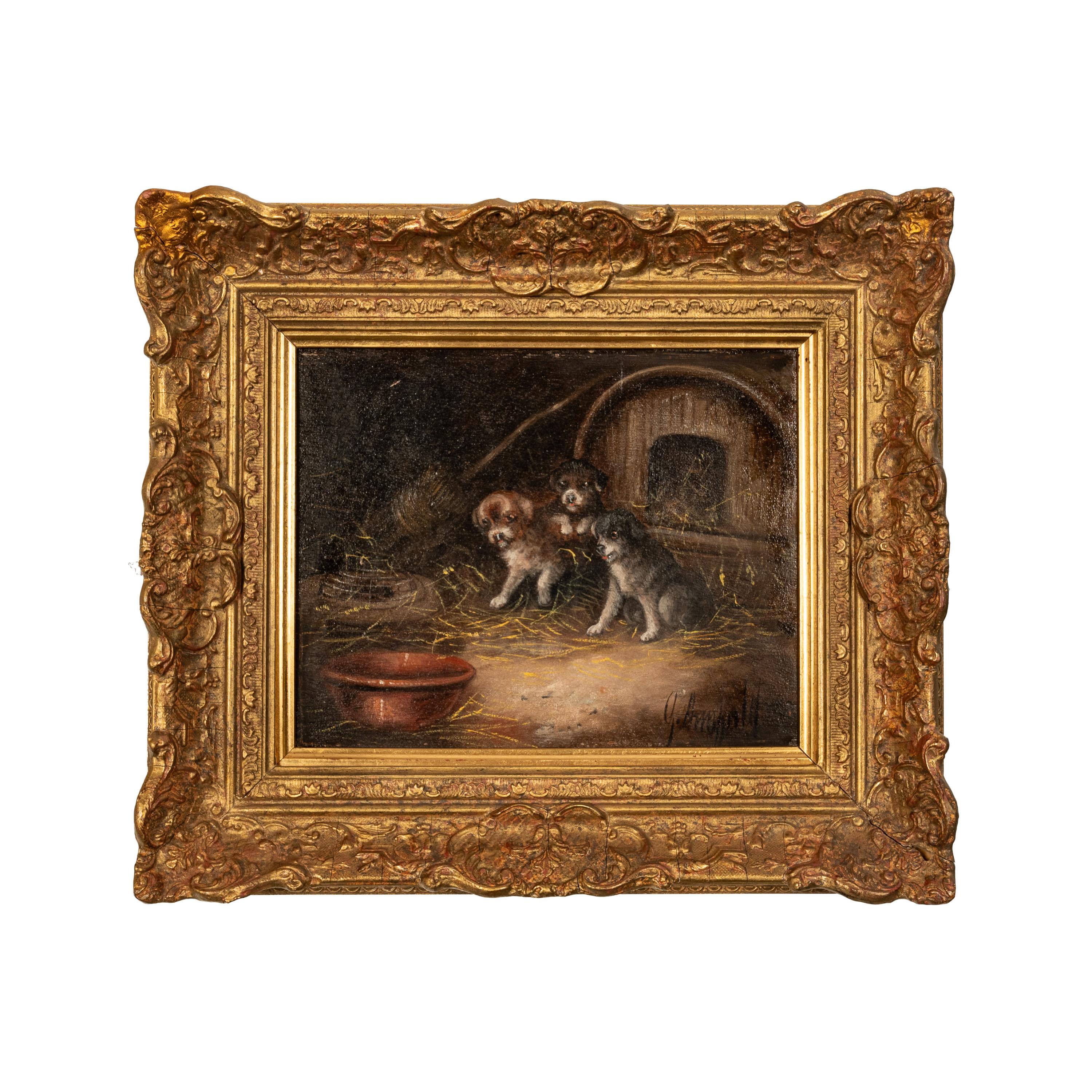 Animal Painting di George Armfield - Pittura ad olio antica Tre cuccioli di Terrier in una stalla con un topo in gabbia