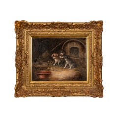 Peinture à l'huile ancienne représentant trois chiens terriers et patins dans une écurie avec un rat caché