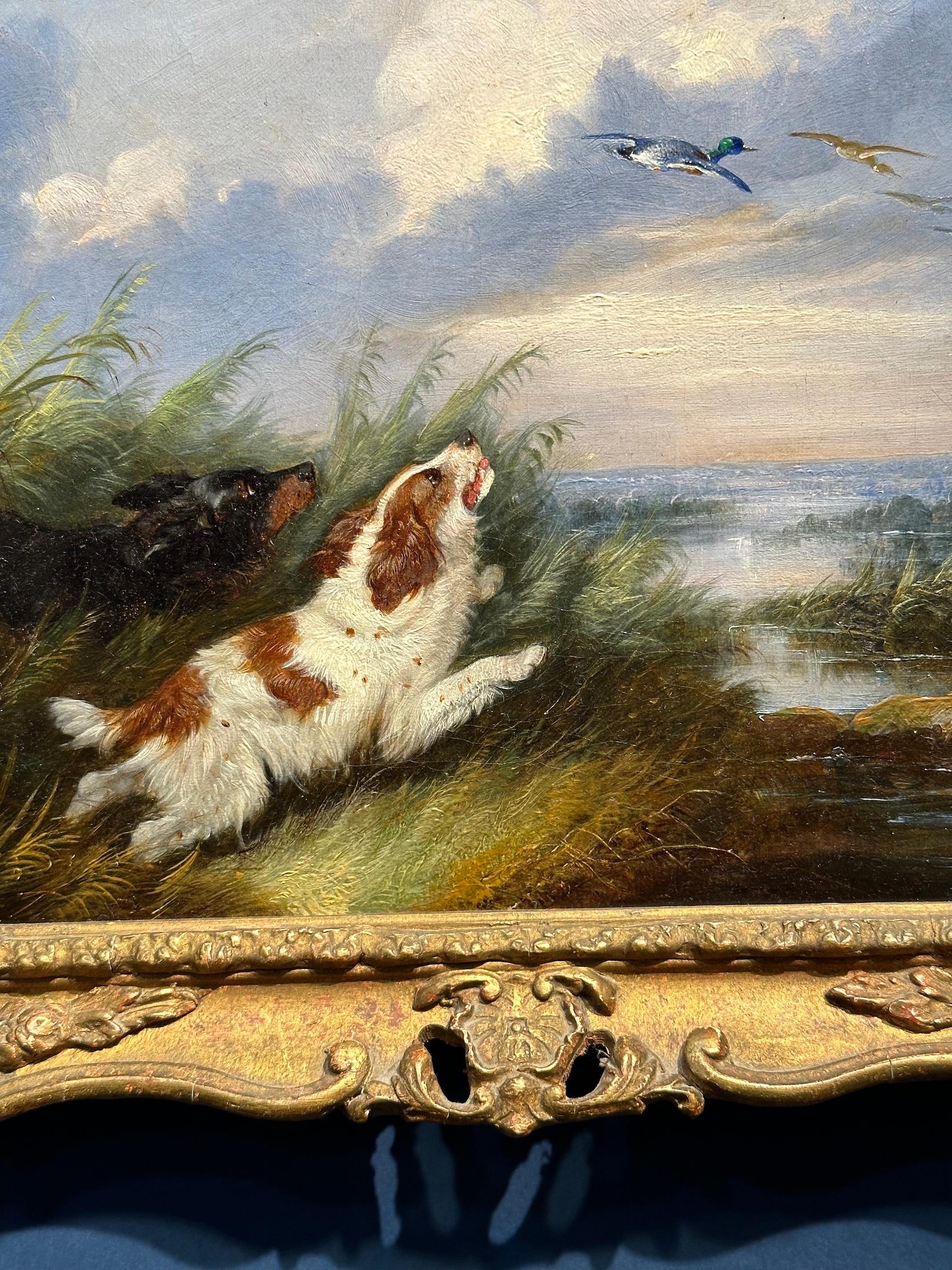 Antique Victorian English 19th C, English Spaniel dogs and ducks in a landscape - Painting by George Armfield